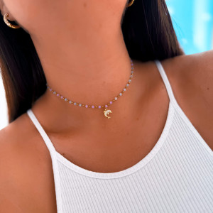 LETNI NASZYJNIK KORALIKI CHOKER Z DELFINEM KRYSZTAŁKI STAL CHIRURGICZNA