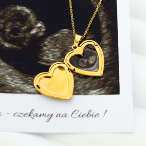 ZŁOTY MEDALION SERCE ZE ZDJĘCIEM USG PAMIĄTKA CIĄŻY PREZENT BABY SHOWER