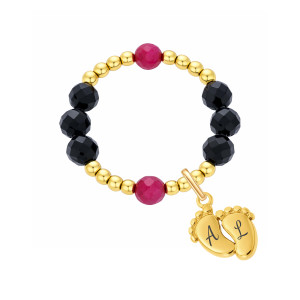 ELASTYCZNY PIERŚCIONEK Z GRAWEREM INICJAŁÓW NA STÓPKACH – TURMALIN CZARNY I RUBIN, UNIWERSALNY ROZMIAR