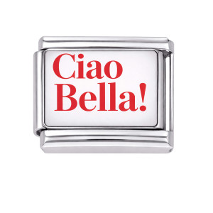 CHARMS MODUŁ OGNIWKO DO BRANSOLETKI MODUŁOWEJ SREBRNY, NAPIS "CIAO BELLA"