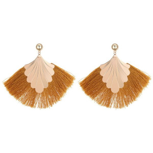 KOLCZYKI MUSZTARDOWE FRĘDZLE ZŁOTY LIŚĆ BIG