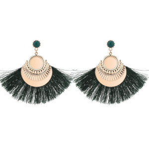 KOLCZYKI ZIELONE FRĘDZLE ZŁOTE BLASZKI BOHO