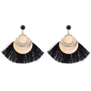 KOLCZYKI CZARNE FRĘDZLE ZŁOTE BLASZKI BOHO