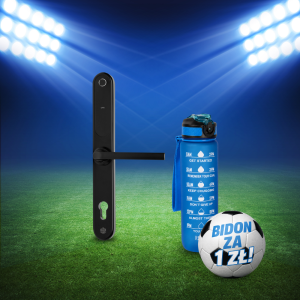 Inteligentna klamka elektroniczna PSG TAPPO – czarna, rozstaw 92 mm, Bluetooth, WiFi, Smart Life (Tuya) + butelka motywacyjna z tritanu 1 l (niebieska