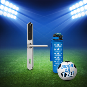 Inteligentna klamka elektroniczna PSG VERRO – srebrna, rozstaw 92 mm, Bluetooth, WiFi, Smart Life (Tuya) + butelka motywacyjna z tritanu 1 l (niebiesk