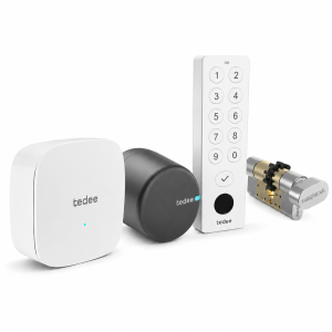Inteligentny zamek Tedee Lock PRO - grafitowy + mostek Tedee Bridge + biała klawiatura Tedee 2.0 + wkładka EXXO SMART ZG 61/61, z zębatką i gałką