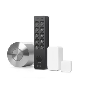 Inteligentny zamek Nuki Smart Lock Pro (5 gen) w zestawie z klawiaturą NUKI Keypad 2.0 oraz białym czujnikiem otwarcia drzwi NUKI Door Sensor