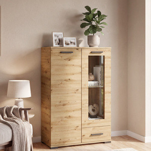 Komoda wysoka 80 cm z witryną do salonu dwudrzwiowa FIORA dąb artisan