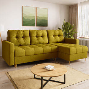Musztardowy narożnik z funkcją spania i pojemnikiem na pościel LIZBONA