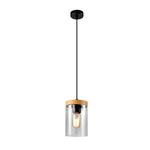 Czarna lampa wisząca z drewnianym kloszem do salonu WELS szklana