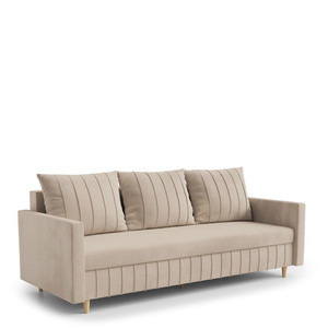 Beżowa welurowa sofa z funkcją spania i pojemnikiem FOCUS
