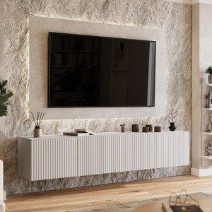 Biała szafka RTV 200 cm wisząca do salonu LORI z półkami ryflowana