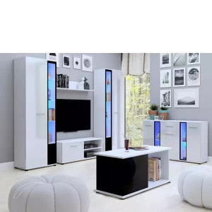 WYPRZEDAŻ Meble do salonu z komodą i ławą biały połysk CUBE XL