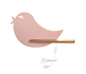 Różowy kinkiet LED z półką do pokoju dziecka BIRD drewno MDF