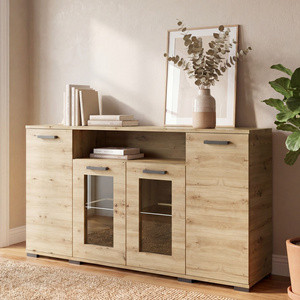Komoda 160 cm z witryną do salonu czterodrzwiowa FIORA dąb artisan