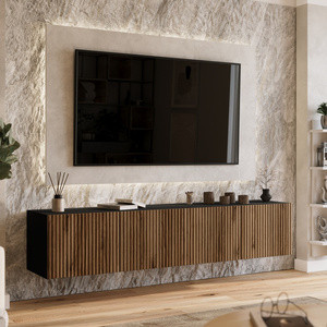Szafka RTV 200 cm wisząca ryflowana do salonu LORI z półkami