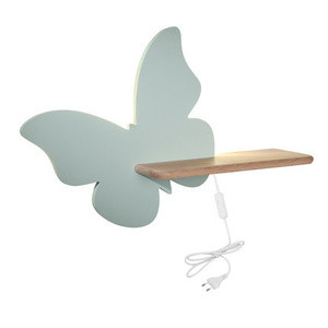 Miętowy kinkiet z półką LED do pokoju dziecka BUTTERFLY drewniany