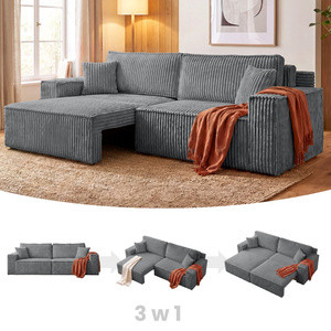 Szara sofa rozkładana z funkcją spania i pojemnikiem na pościel BELIO