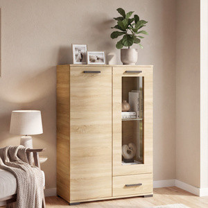 Komoda wysoka 80 cm z witryną do salonu dwudrzwiowa FIORA dąb sonoma