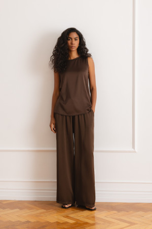 6655 Spodnie Z Jedwabiem Wide Leg Brąz