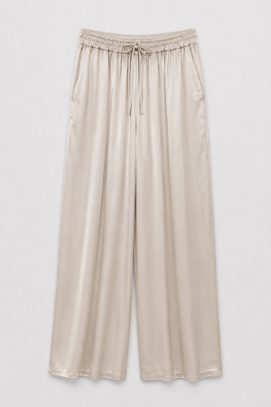 6655 Spodnie Z Jedwabiem Wide Leg Beżowe