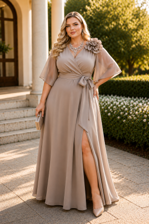 Sukienka wieczorowa plus size CELESTE fango glossy ( r. 48-50)