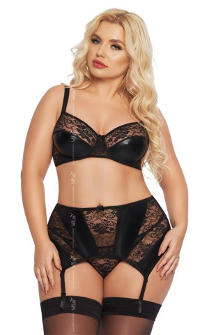 Sexowny komplet plus size Joanna + biustonosz + pas + stringi XXL ( XL-3XL)