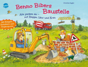 Benno Bibers Baustelle. Alle packen an – mit Bagger, Lkw und Kran Pappbilderbuch mit Klappen, Schiebern und Fingerspuren ab 2 Jahren