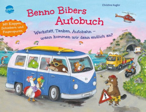 Benno Bibers Autobuch. Werkstatt, Tanken, Autobahn – wann kommen wir denn endlich an? Pappbilderbuch mit Klappen, Schiebern und Fingerspuren ab 2...