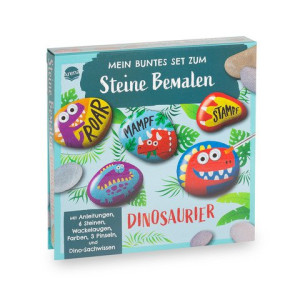 Mein buntes Set zum Steine Bemalen. Dinosaurier Set mit 6 Steinen, 6 Farben, 3 Pinseln, Wackelaugen-Aufkleber sowie einem Heft mit Anleitungen und...