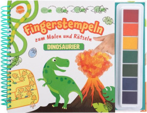 Fingerstempeln zum Malen und Rätseln. Dinosaurier Stempelset für Kinder ab 5 Jahren mit 7 Stempelfarben und Mal- und Rätselheft. Beschäftigung