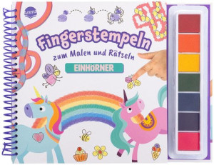 Fingerstempeln zum Malen und Rätseln. Einhörner Stempelset für Kinder ab 5 Jahren mit 7 Stempelfarben und Mal- und Rätselheft. Beschäftigung