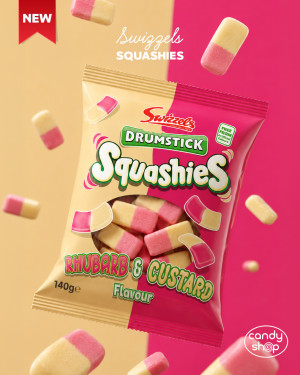 Swizzels Squashies Rhubarb & Custard 120g Żelki piankowe o smaku rabarbaru z waniliowym kremem
