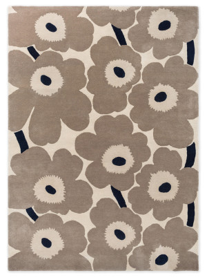 Beżowo-szary geometryczny wełniany dywan w kwiaty Marimekko