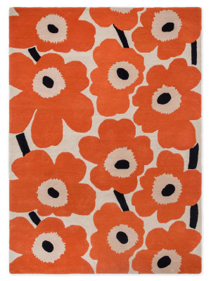 Beżowo-pomarańczowy wełniany nowoczesny dywan w kwiaty Marimekko