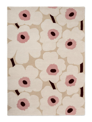 Beżowo-różowy wełniany nowoczesny dywan w kwiaty Marimekko