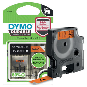 Dymo Tape Durable D1 12mm svart på orange