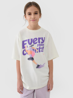 4F T-shirt oversize z nadrukiem dziewczęcy - biały