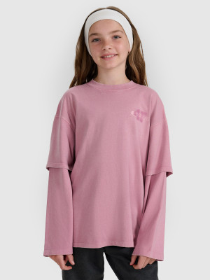 4F Longsleeve oversize z nadrukiem dziewczęcy - różowy