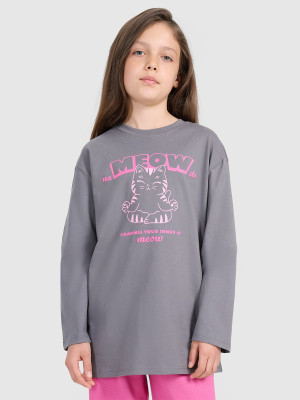 4F Longsleeve oversize z nadrukiem dziewczęcy - szary