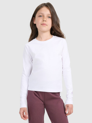 4F Longsleeve slim gładki dziewczęcy - biały