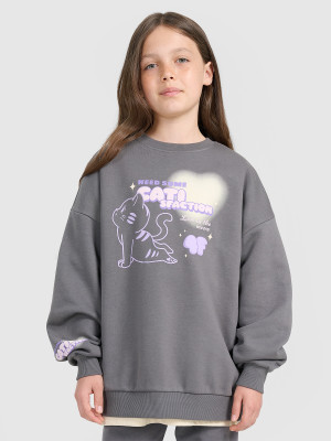 4F Bluza dresowa oversize nierozpinana bez kaptura dziewczęca - szara