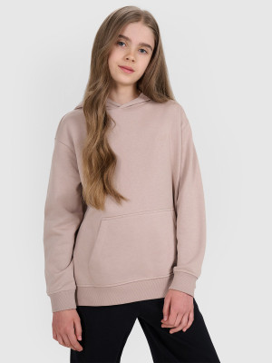 4F Bluza dresowa nierozpinana z kapturem dziewczęca - beżowa