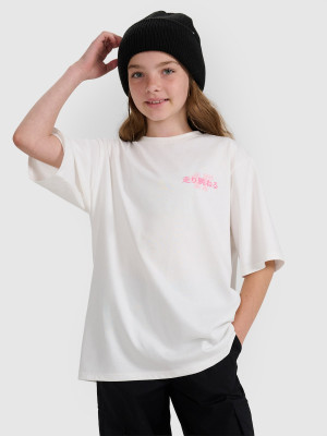 4F T-shirt oversize z nadrukiem dziewczęcy - biały