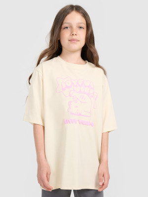4F T-shirt oversize z nadrukiem dziewczęcy - beżowy