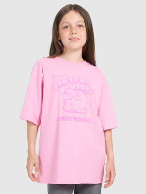 4F T-shirt oversize z nadrukiem dziewczęcy - różowy