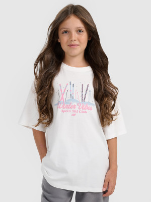 4F T-shirt loose z nadrukiem dziewczęcy - biały