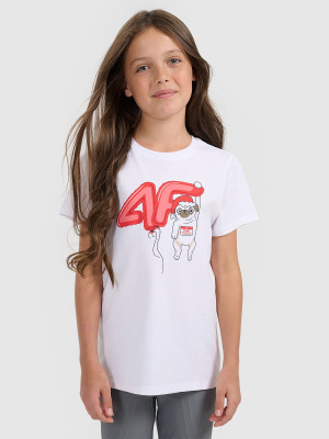 4F T-shirt regular z nadrukiem świątecznym dziewczęcy - biały