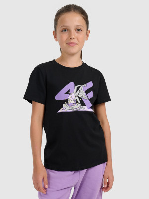 4F T-shirt regular z nadrukiem świątecznym dziewczęcy - czarny