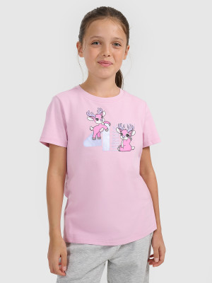 4F T-shirt regular z nadrukiem świątecznym dziewczęcy - różowy